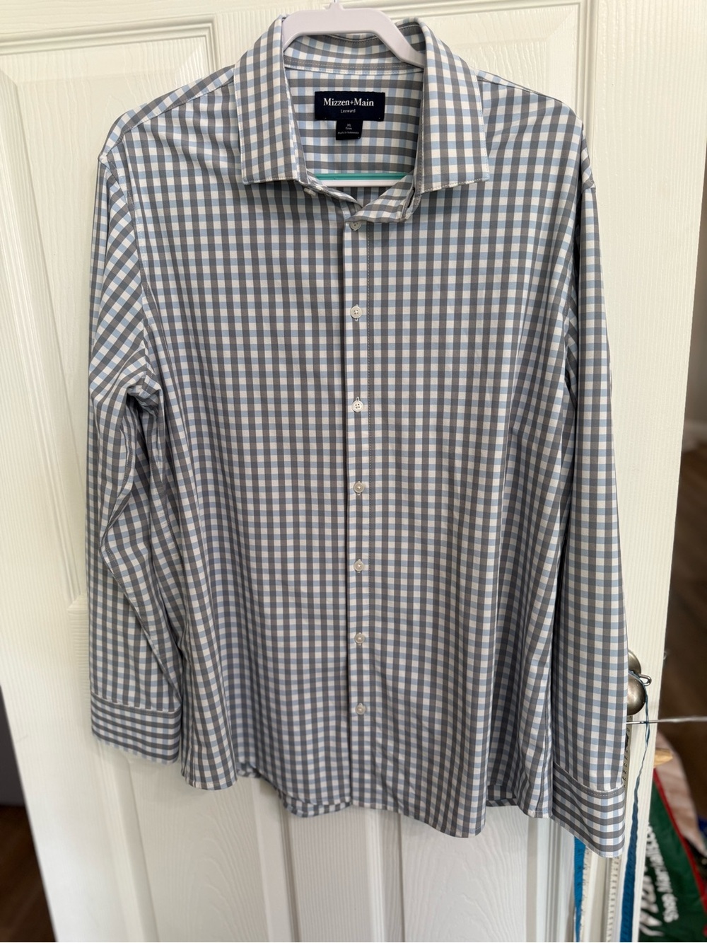 Mizzen+Main Leeward XL Trim Fit Gingham Performance Dress Shirt Blue Gray